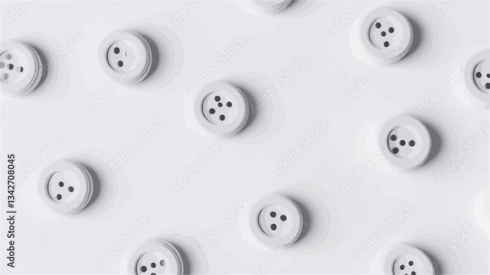 High-angle, close-up view of several small, round, white buttons scattered on a white background. The buttons are evenly spaced, creating a subtle repeating pattern. The image is sharply focused, High-angle, close-up view of several small, round, white buttons scattered on a white background. The buttons are evenly spaced, creating a subtle repeating pattern. The image is sharply focused,