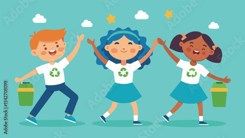 Students doing a dance routine during the school assembly incorporating moves that represent the three Rs of recycling to further promote the drive.. Vector illustration