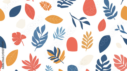 The image is a digital illustration of a seamless pattern featuring stylized abstract representations of leaves and foliage.  The design utilizes a flat, two-dimensional style with solid colors.