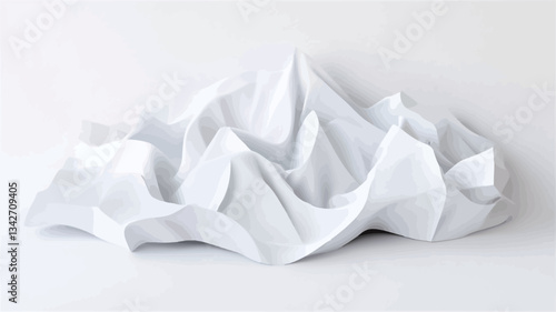 Close-up shot of a white, abstract sculpture against a plain white background. The sculpture is composed of numerous folded and creased forms, creating a three-dimensional texture with varying