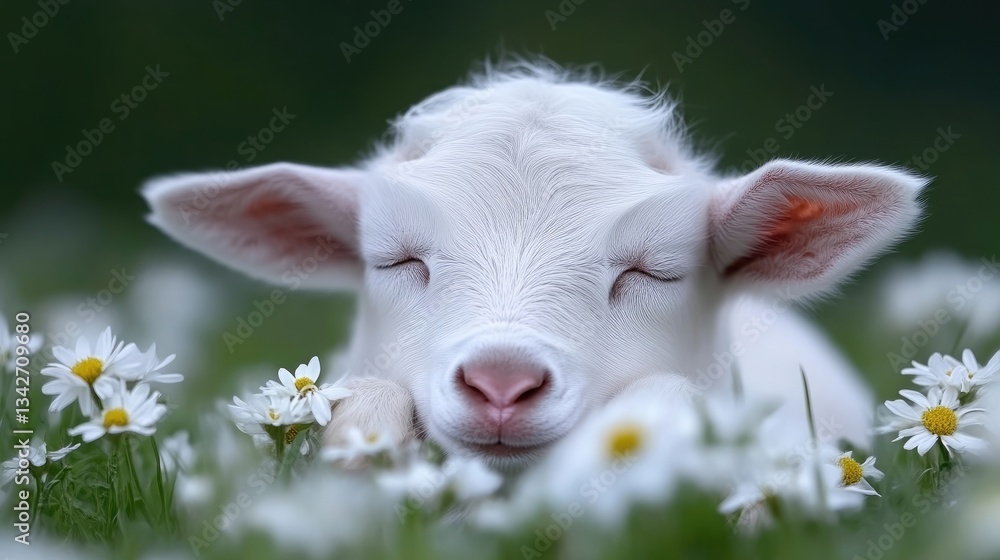 Fototapeta premium Sweet, white lamb resting in daisy field
