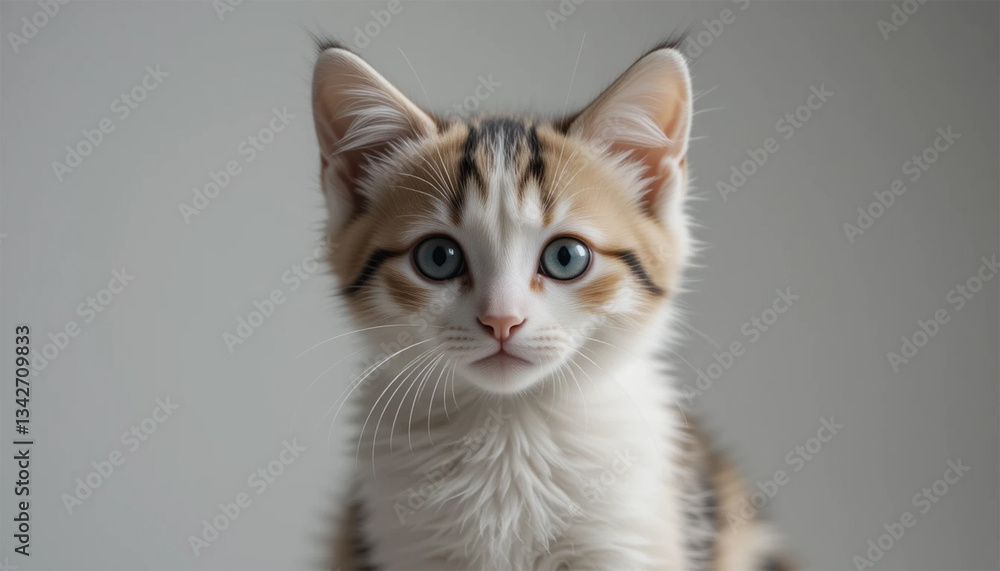 Obraz premium cat, kitten, animal, pet, isolated, feline, domestic, white, fur, kitty, cute, mammal, adorable, pets, young, sitting, baby, portrait, looking, tabby, eyes, fluffy, paw, british, beautiful