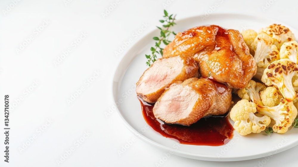 Delicious glazed pork tenderloin sliced and served with roasted cauliflower florets on a white plate garnished with fresh thyme sprigs against a bright white background. Delicious glazed pork tenderloin sliced and served with roasted cauliflower florets on a white plate garnished with fresh thyme sprigs against a bright white background.