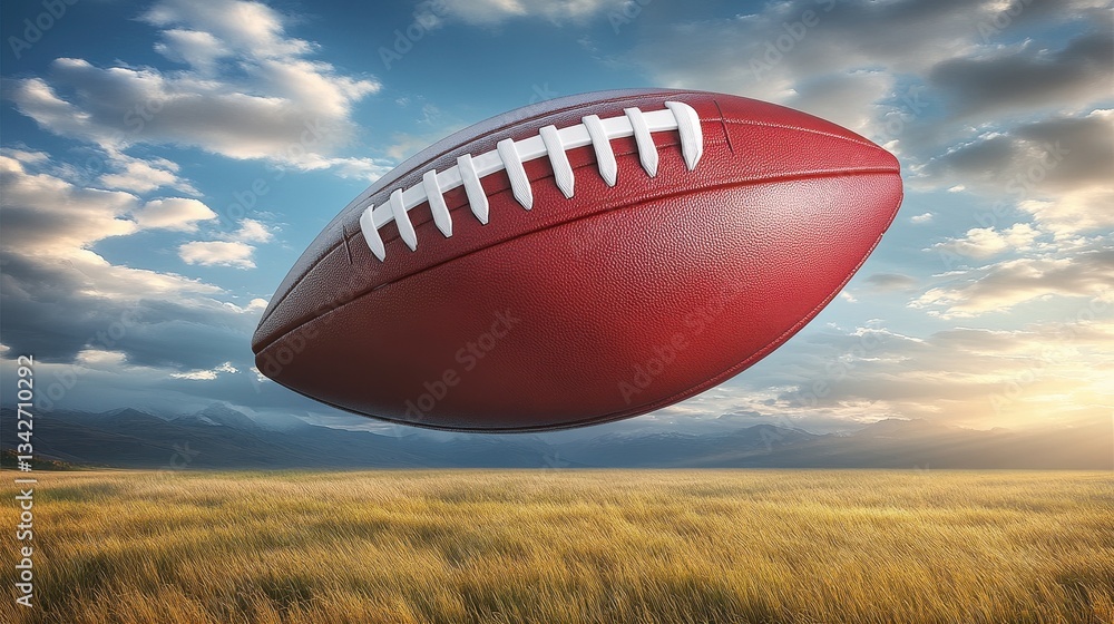 A vibrant, well-worn football soars gracefully through the clear blue sky, casting a shadow over a lush green field of grass, where blades sway gently in the breeze. A vibrant, well-worn football soars gracefully through the clear blue sky, casting a shadow over a lush green field of grass, where blades sway gently in the breeze.