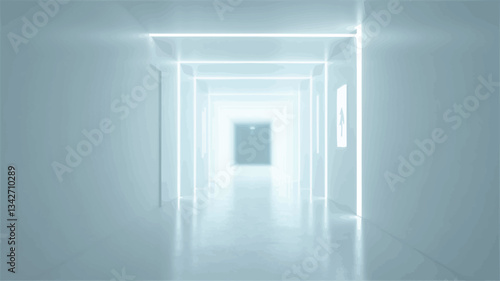 The image shows a long, straight corridor with bright white walls and a highly reflective floor.  Linear fluorescent lights are mounted on the ceiling and walls, creating a strong sense of depth