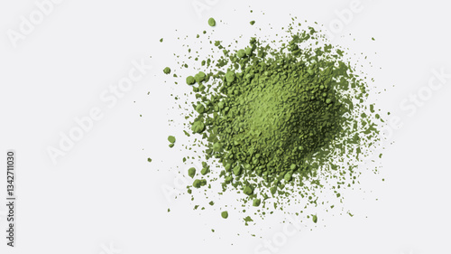 High-angle, close-up shot of a pile of bright green powder against a white background. The powder is textured and appears to have been exploded or scattered, creating a dynamic, abstract shape with