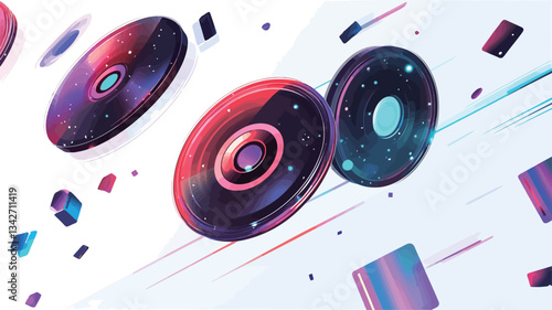 The image features an abstract composition of colorful discs and geometric shapes against a white background. The discs are predominantly red, purple, and blue with gradients and subtle textures.
