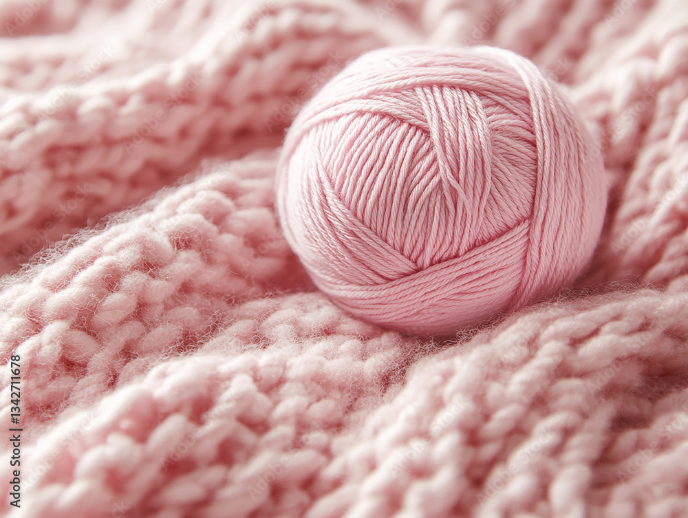 A ball of pink yarn placed on a knitted pink fabric. The intricate knit pattern and the softness of the yarn are clearly visible, highlighting the craftsmanship involved in knitting A ball of pink yarn placed on a knitted pink fabric. The intricate knit pattern and the softness of the yarn are clearly visible, highlighting the craftsmanship involved in knitting