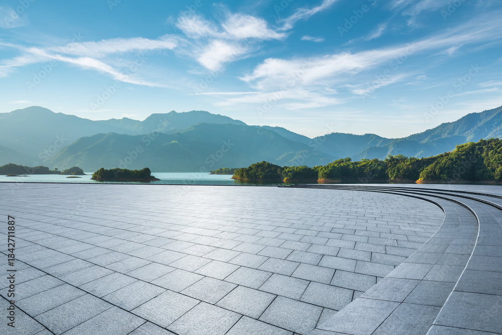 Empty square floor and beautiful lake with mountain natural landscape in summer