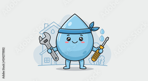 Cute cartoon water droplet plumber mascot holding tools in a home setting  