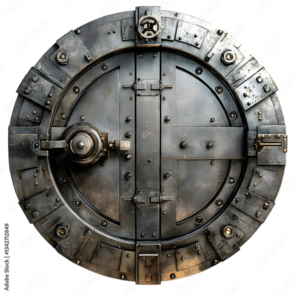 Naklejka premium A close-up view of a large, round, metallic vault door with intricate details and a robust design, symbolizing security and protection.