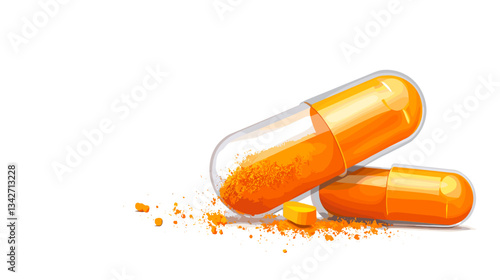 Realistic orange capsules with powder on white background  