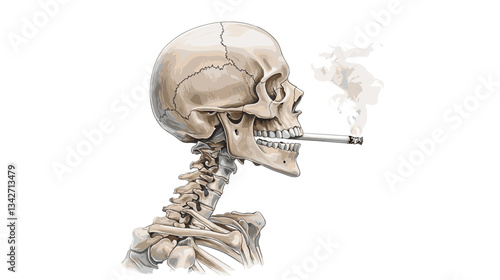  Smoking skeleton illustration with a cigarette.