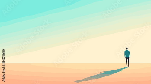 Minimalist landscape with a lone figure in vast space.