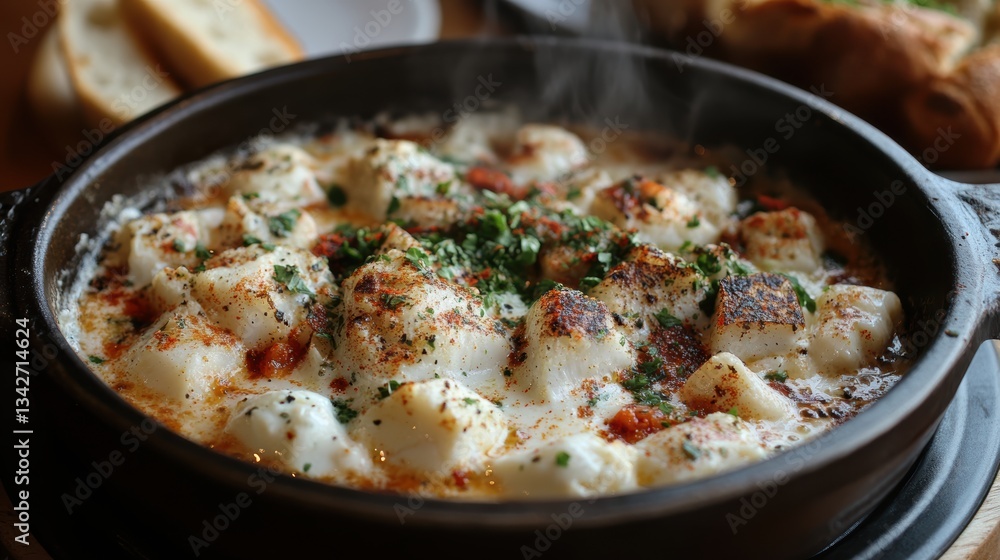 A steaming bowl of Cilbir, a Turkish breakfast delight, featuring succulent pieces of grilled fish marinated in yogurt and spices, served with a side of crusty bread. A steaming bowl of Cilbir, a Turkish breakfast delight, featuring succulent pieces of grilled fish marinated in yogurt and spices, served with a side of crusty bread.
