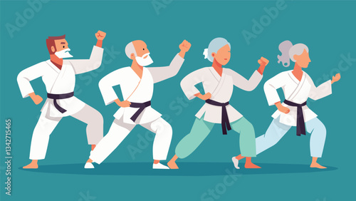 A group of seniors perform a traditional karate kata with grace and precision showcasing their years of training and dedication to the martial art.. Vector illustration