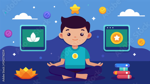 A gamebased app where kids can create and customize their own mindfulness character and complete challenges to earn rewards.. Vector illustration