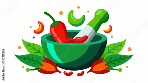 Red and green chilies cilantro and onion being expertly mashed together in the sy molcajete creating a vibrant salsa to accompany the main dish.. Vector illustration
