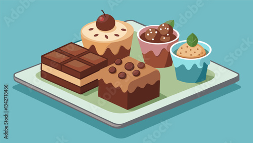A tray of indulgent desserts including gooey brownies chewy chocolate chip cookies and mini cheesecakes for a sweet treat during halftime.. Vector illustration