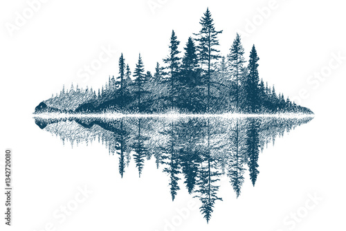 Forest reflected in the lake, vector sketch, imitation of a pencil drawing