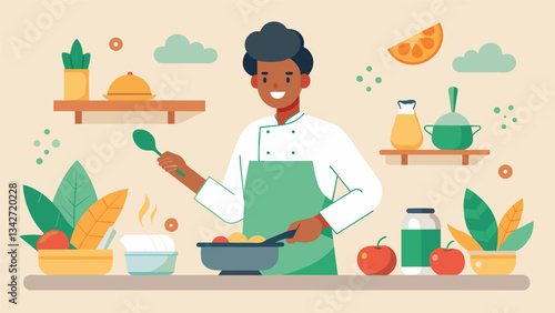 A person taking a cooking class learning new healthy recipes and finding joy in creating a delicious meal.. Vector illustration