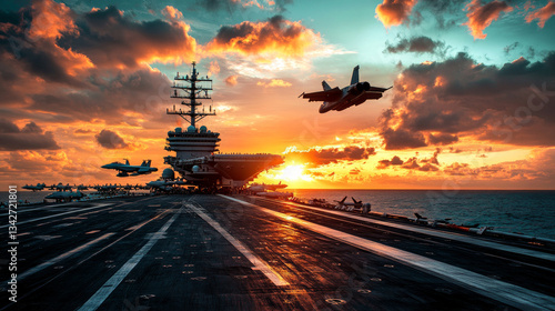 Fototapeta Naklejka Na Ścianę i Meble -  Fighter jet landing on aircraft carrier at sunset
