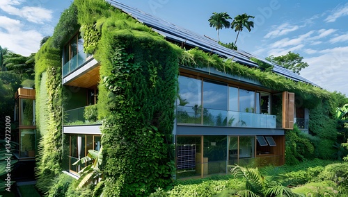 Wallpaper Mural Green Eco House Covered in Plants with Solar Panels Torontodigital.ca