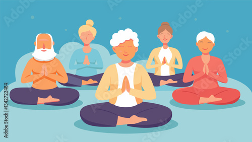 A group of seniors sitting on meditation cushions their faces serene and peaceful as they take part in a gratitude meditation reflecting on all the blessings in their lives.. Vector illustration