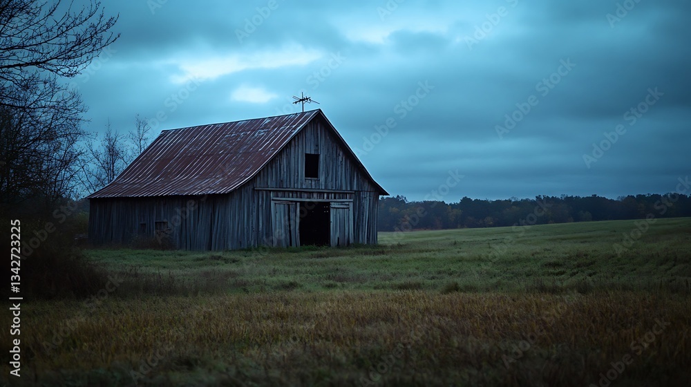 Rustic Barn Standing Silently in a Grassy Field Under Overcast Sky Rustic Barn Standing Silently in a Grassy Field Under Overcast Sky