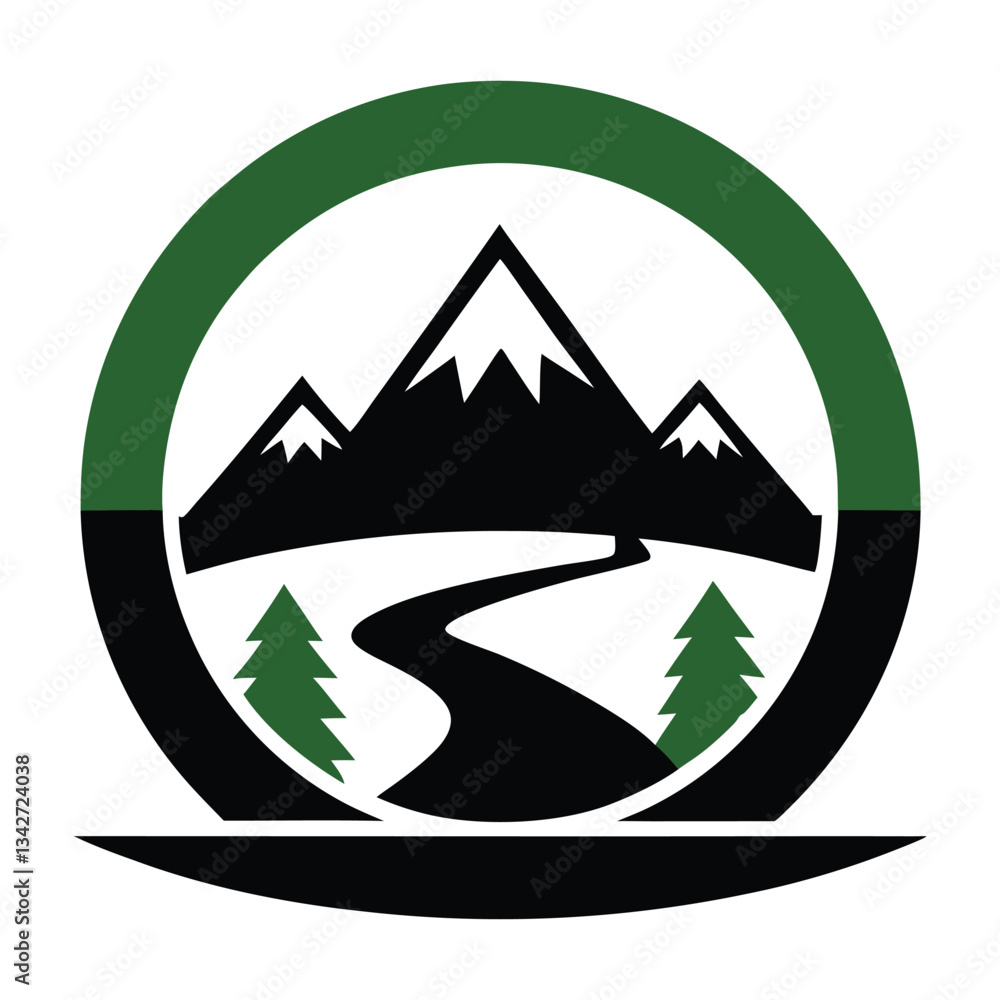 A vector mountain landscape icon illustration featuring snow-capped peaks and a sunset silhouette for nature and travel design A vector mountain landscape icon illustration featuring snow-capped peaks and a sunset silhouette for nature and travel design