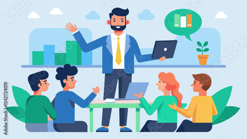 A Gen X mentor teaching a workshop on building a strong company culture and cultivating a positive work environment emphasizing the importance of a happy and motivated team.. Vector illustration