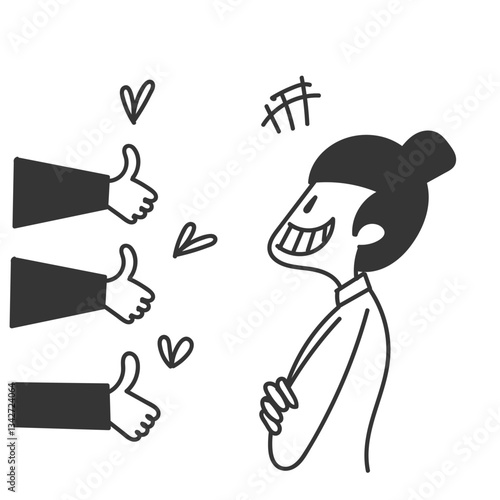 doodle cartoon person giving thumb up to smiling business woman