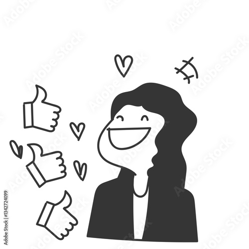 doodle cartoon person giving thumb up to smiling business woman