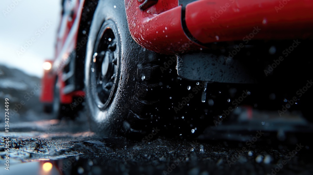 Heavy-duty vehicle tire in winter conditions. Water and snow on the road