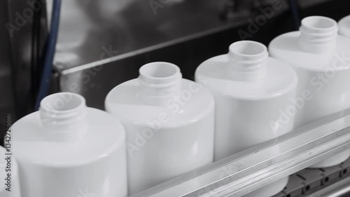 Plant for the production of plastic bottles. Cosmetics production plant. White bottles move along a conveyor to be filled. Production of shampoo, shower gel and liquid soap. 