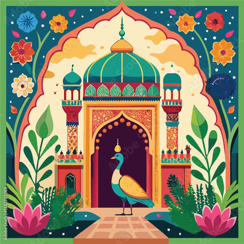 Traditional Mughal Palace Garden with Archway and Intricate Stonework