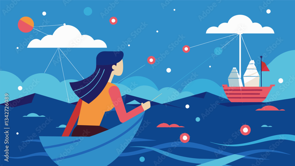 As she sailed across the Big Data Ocean she could see the vast network of data connections stretching out before her.. Vector illustration As she sailed across the Big Data Ocean she could see the vast network of data connections stretching out before her.. Vector illustration
