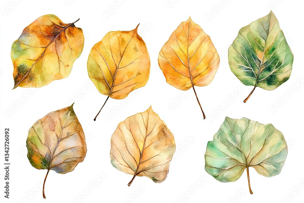 Obraz premium Set of watercolor Aspen Leaves hand drawn on a white background