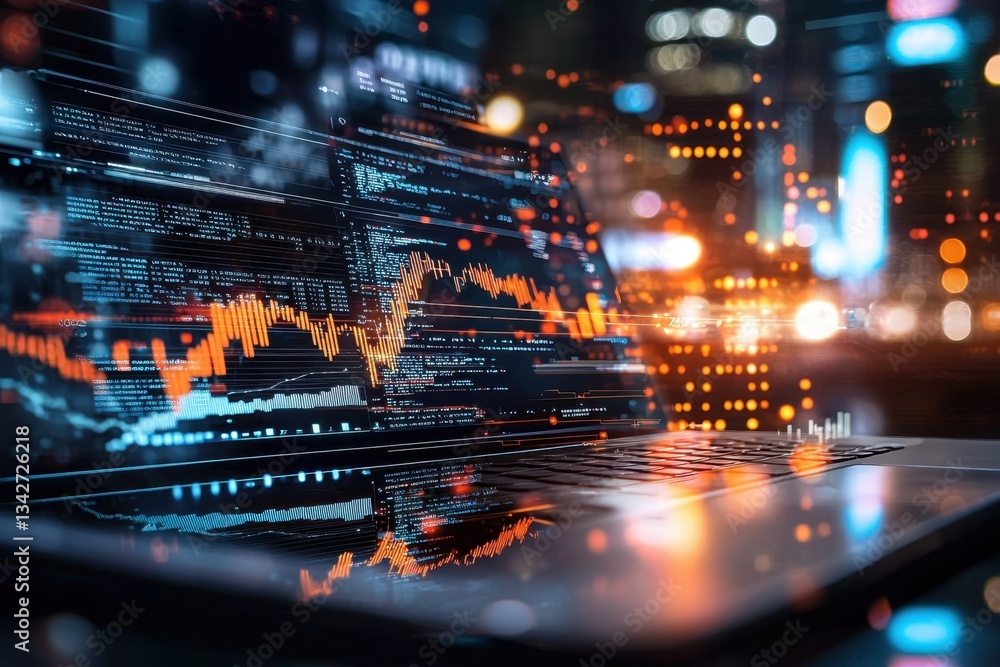Fototapeta premium Artificial intelligence-driven digital trading dashboard revolutionizing finance in urban environments a high-tech perspective on market trends and data analysis