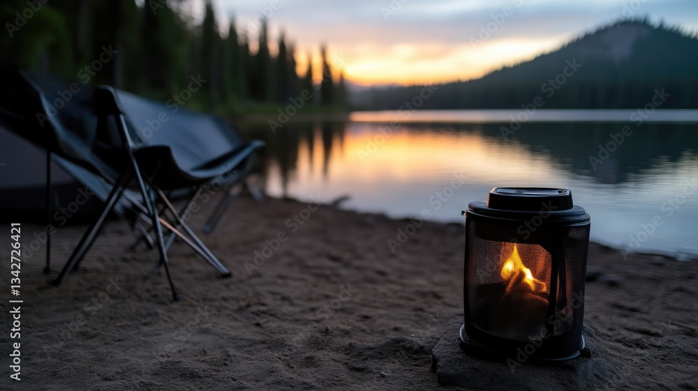 Lakeside campfire serenity. Camping chairs and lantern on sandy shore at tranquil lake at sunset