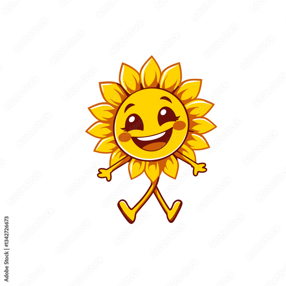 This image depicts a cheerful sunflower emoji character in motion, suggesting a walk or light jog. The emoji has a smiling face with rosy cheeks and large eyes, conveying a sense of happiness