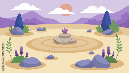 A meditative garden with a sand and rock garden for visitors to rake and contemplate surrounded by the comforting scent of lavender and rose.. Vector illustration