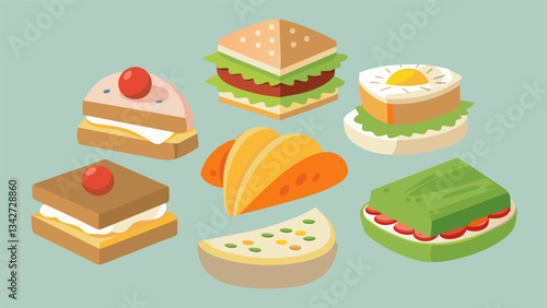 A variety of tea sandwiches made with fillings such as chicken salad smoked salmon and egg salad for a sophisticated touch.. Vector illustration