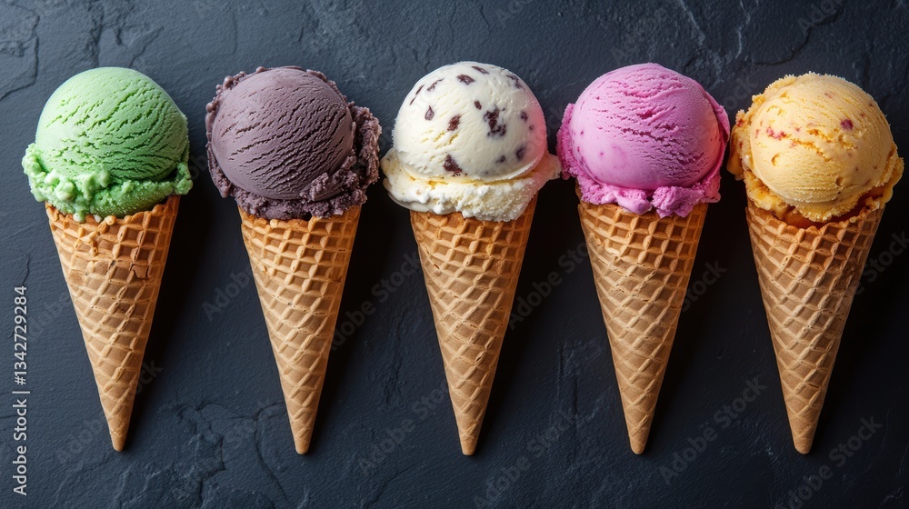 A symphony of flavors, each scoop a vibrant jewel, nestled within cones of various hues, promising a delightful journey of taste and texture. A symphony of flavors, each scoop a vibrant jewel, nestled within cones of various hues, promising a delightful journey of taste and texture.
