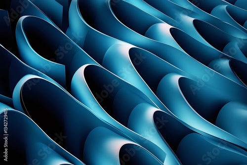 A series of curved, layered structures in dark blue create abstract patterns that are dynamic and layered
