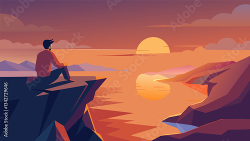 A person sitting on the edge of a cliff seemingly in a trance as they take in the breathtaking sunrise over the vast ocean below.. Vector illustration