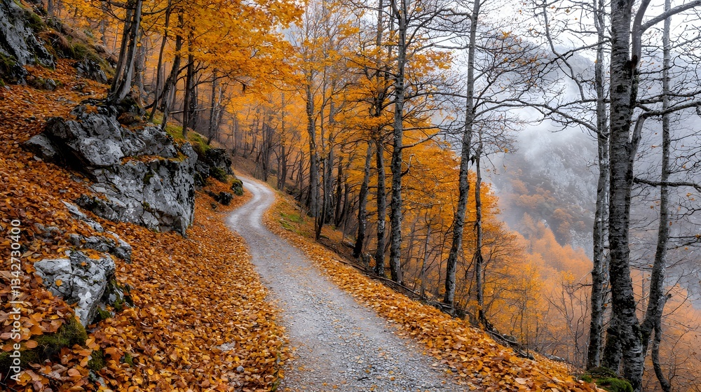 Obraz premium Scenic autumn pathway through vibrant orange foliage in tranquil forest landscape
