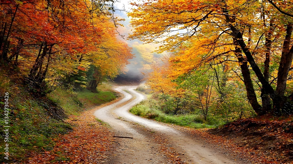 Fototapeta premium Serene Winding Path Through Colorful Autumn Foliage in the Evening Light