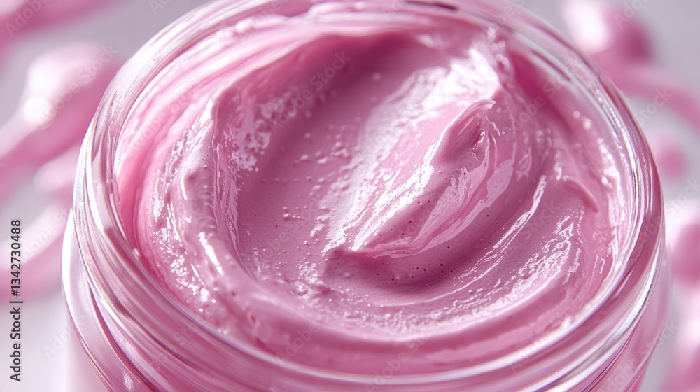 A pristine white border frames the opening of a glass jar, revealing its contents: a creamy pink beauty cream, its texture hinted at by a swatch of the same shade, ready to be applied and unveil its A pristine white border frames the opening of a glass jar, revealing its contents: a creamy pink beauty cream, its texture hinted at by a swatch of the same shade, ready to be applied and unveil its