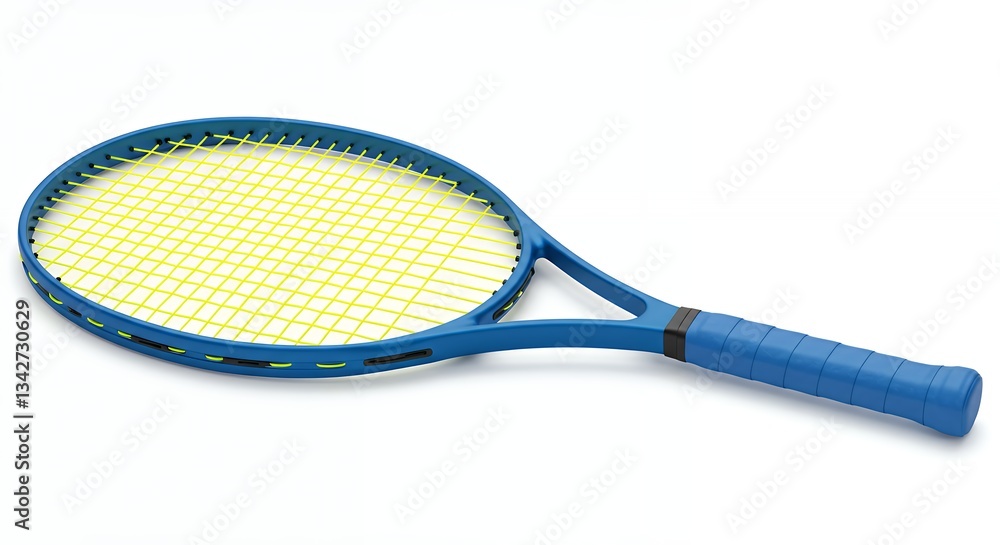 Blue tennis racket with yellow strings lying on a white background Blue tennis racket with yellow strings lying on a white background